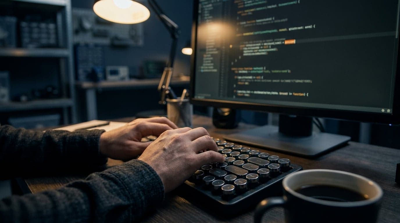Hands typing on a mechanical keyboard with code visible on a monitor