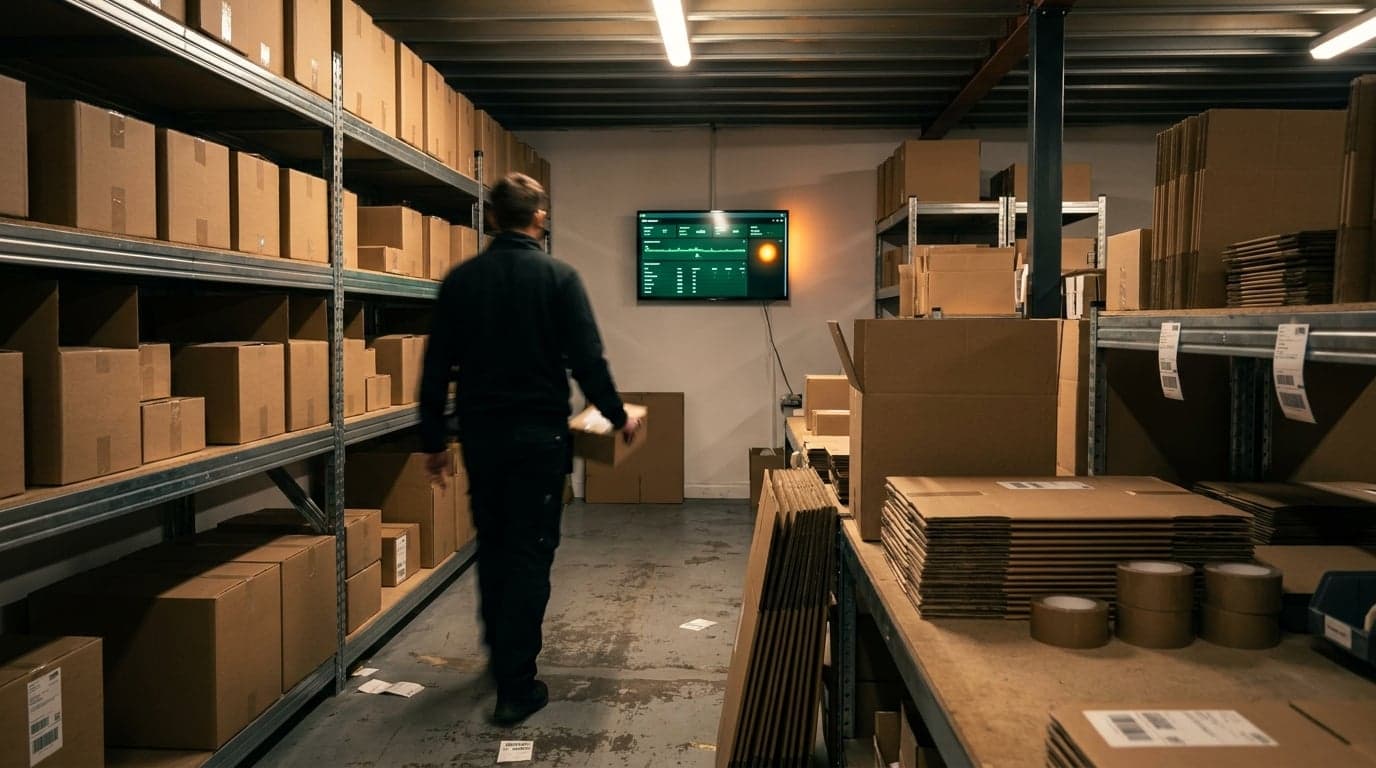 A small ecommerce warehouse with shelves of stock and a live inventory dashboard on the wall